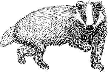 Hand drawn badger sketch isolated. Vintage style. Black and white drawing wild forest animal. Vector illustration.