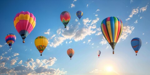 Obraz premium Colorful hot air big balloons floating gracefully in a clear sky.