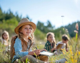  A group of children on a field trip in nature, in their hands holding notebooks and pens. generative ai