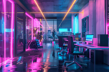 Modern Cyberpunk Office: Open Space with Neon Lights and Futuristic Metaverse Concept