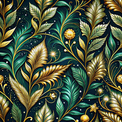 A repeating botanical pattern golden and green foliage
