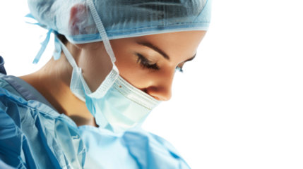 A woman in medical uniform performing surgery on transparent background