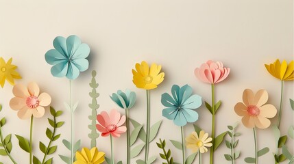 Colorful Flowers on cream colored background in a paper-cut art style.