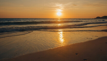 Closeup sea sand beach. Panoramic beach landscape. Inspire tropical beach seascape horizon. Orange and golden sunset sky calmness tranquil relaxing sunlight summer mood. Vacation travel holiday banner
