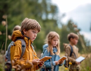  A group of children on a field trip in nature, in their hands holding notebooks and pens. generative ai