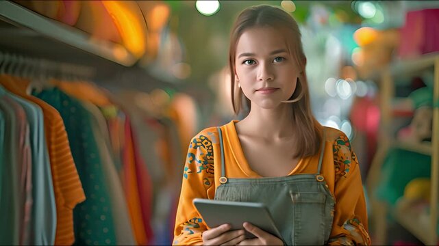 The proprietor of a tiny, home-based SME fashion store, a young, gorgeous, hipster Asian woman, uses a digital tablet to check the stock of garments or package boxes on the rail rack.