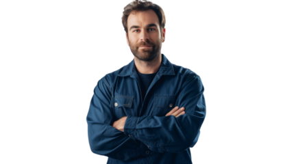 A technical man standing with folded arms and wearing blue a outfit on transparent background