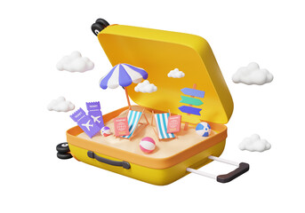 Open yellow cartoon style suitcase travel tourism tour outdoor concept. ticket passport beach umbrella chair sand sea summer holiday leisure touring location trip planning relax. 3d render © N ON NE ON