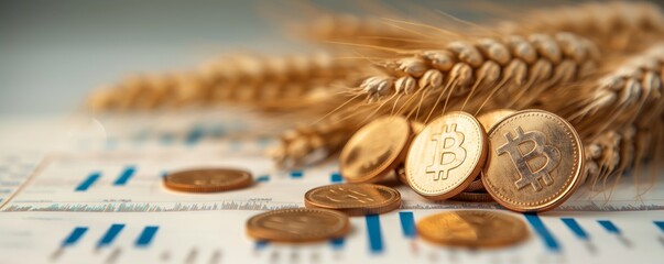 A collection of Bitcoin coins interspersed with wheat stalks resting on a background of stock trading data, representing the merge of agricultural assets and digital currencies.