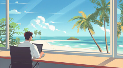 A man is sitting in a chair in front of a window overlooking a beach