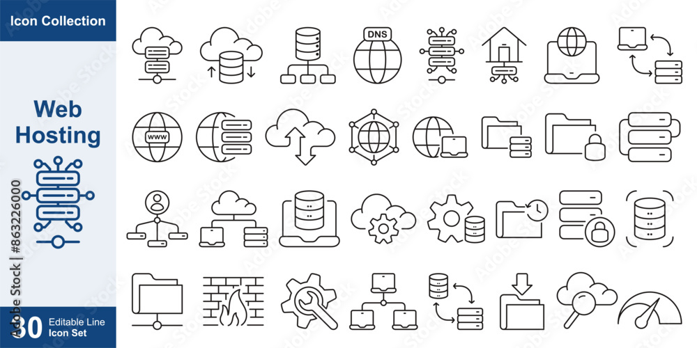 Poster web hosting icon line collection vector design illustration template with editable stroke