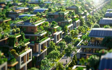 A regenerative urban community with green buildings, rooftop gardens, and community solar panels, surrounded by parks and bike lanes