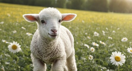 Obraz premium White sheep on green grass floral meadow