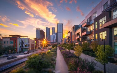 Obraz premium Urban skyline at sunset with vibrant clouds and city buildings alongside a tree-lined path