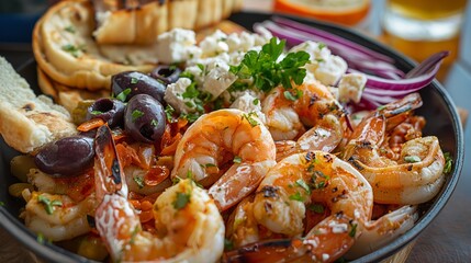Grilled shrimp with feta, olives, red onion, and parsley, served with pita and a fresh Mediterranean twist.
