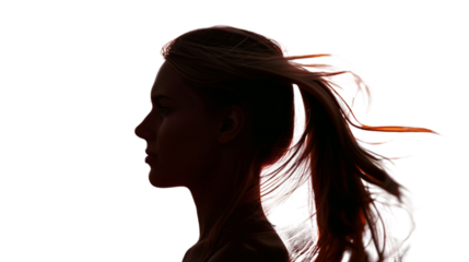 A silhouette of a blonde woman standing against a sunset, hair on wind, summer, on transparent background