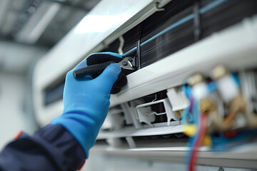 エアコンの点検をするアジア人の作業員
