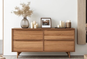 A wooden chest of drawers in a modern interior stands against a white wall. Home decor paraphernalia candles stand on a chest of drawers in the living room.