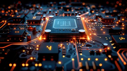 Obraz premium A close-up macro image of a processor or graphic card. This high-tech photograph showcases the intricate details and glowing circuits of advanced electronic components.