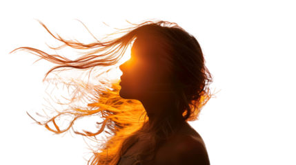 A silhouette of a blonde woman standing against a sunset, hair on wind, summer, on transparent background