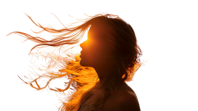 A silhouette of a blonde woman standing against a sunset, hair on wind, summer, on transparent background