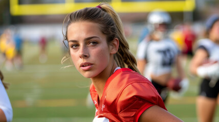 closeup shots of female flag football player.