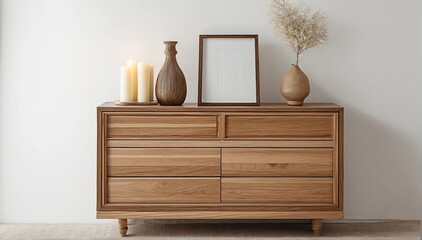 A wooden chest of drawers in a modern interior stands against a white wall. Home decor paraphernalia candles stand on a chest of drawers in the living room.