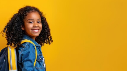 A cheerful smiling black little girl with a backpack is having fun on the background of a yellow wall and points to your text. The concept of the school. back to school.