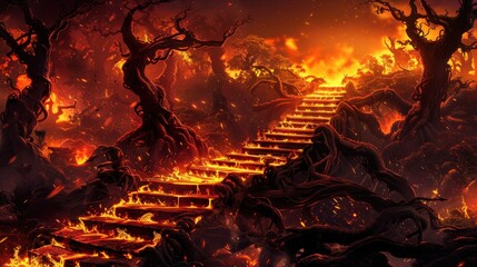 A cinematic and fiery depiction of the entrance to Hell from Dante's Inferno, featuring a stairway surrounded by twisted trees and blazing flames.