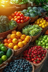 Close-up view of various fruits and vegetables displayed in wicker baskets at a market