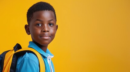 A cheerful smiling black little boy with a backpack is having fun on the background of a yellow wall and points to your text. The concept of the school. back to school.