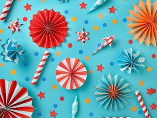 Fototapeta premium Blue Background with Paper Stars and Pinwheels