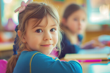 A young girl smiles in a bright classroom, focusing on her schoolwork with another student in the background.