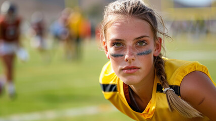 Naklejka premium closeup shots of female flag football player.