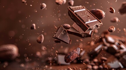 cocoa beans and pieces, chocolate bars in freeze flying in air against dark brown background