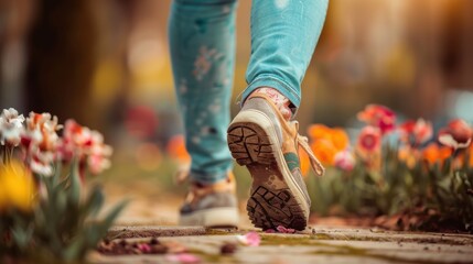 A close-up shot of a person wearing jeans and sneakers walking on a path surrounded by vibrant flowers. The focus is on their feet and the colorful environment.