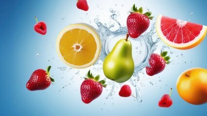 Fruits flying through the air, space for text, light background 