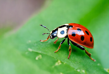 Fototapeta premium Ladybird on green leaf
