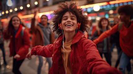 A joyful teenage boy with curly hair, wearing headphones, enjoys a lively street scene at night with bright lights and people dancing around.