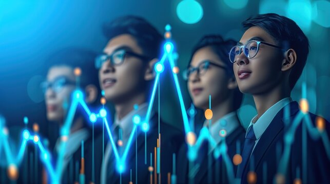 A group of business professionals analyzing financial data, with glowing graphical data overlays representing market trends and financial growth. - Powered by Adobe