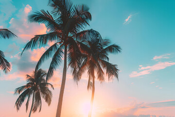 summer beach background palm trees against blue sky banner panorama travel destination tropical beach background with palm trees silhouette at sunset vintage effect meditation peaceful nature view