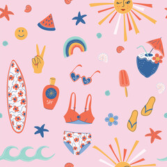 Summer holiday retro style seamless pattern. Beach vacation symbols - bikini, sunglasses, surfboard, coconut, seashells. Cute 70s aesthetic summertime print. Flat design vector illustration.
