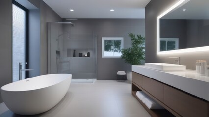 Fototapeta premium An elegant, spa-like bathroom setting, focusing on a luxurious freestanding bathtub.