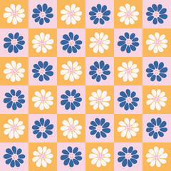 Retro geometric seamless pattern. Vintage checkered floral background. Cool funky smiling flowers. Hand drawn naive art vector illustration.
