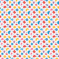 Seamless pattern with abstract and floral elements. Simple flat illustration. Carefree, cheerful ornament