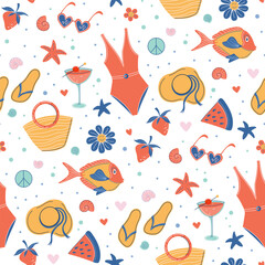 Summer holiday retro style seamless pattern. Beach vacation symbols - swimwear, sunglasses, cocktail, hat, seashells. Cool vintage summertime print. Flat style vector illustration.
