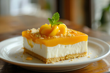 Tasty dessert of cheesecake piece with mango jelly cream on white plate.