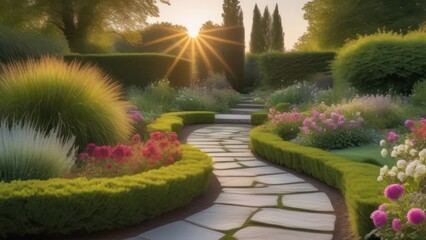 Obraz premium A beautiful, tranquil outdoor setting at dusk, featuring a stone path leading through a well-manicured garden with a variety of flowers and shrubs. 