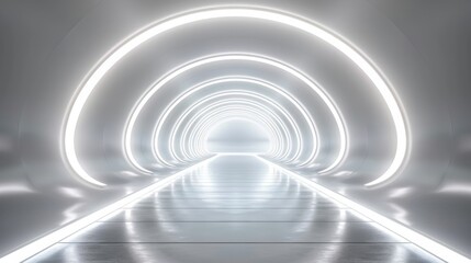 Obraz premium A futuristic, white, 3D abstract room with curved arches and bright lighting, resembling a high-tech tunnel or hallway. The smooth surfaces and symmetry create a sleek atmosphere.