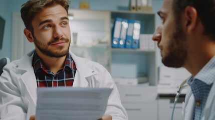 Fototapeta premium Young patient in medical office listening to a friendly doctor holding report file with appointment and giving consultation during medical examination in the clinic